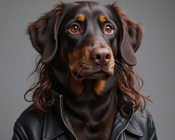 Portrait of a dog in a leather jacket with wavy fur