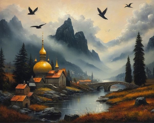 Tranquil River Valley with Mountains and Village Scene