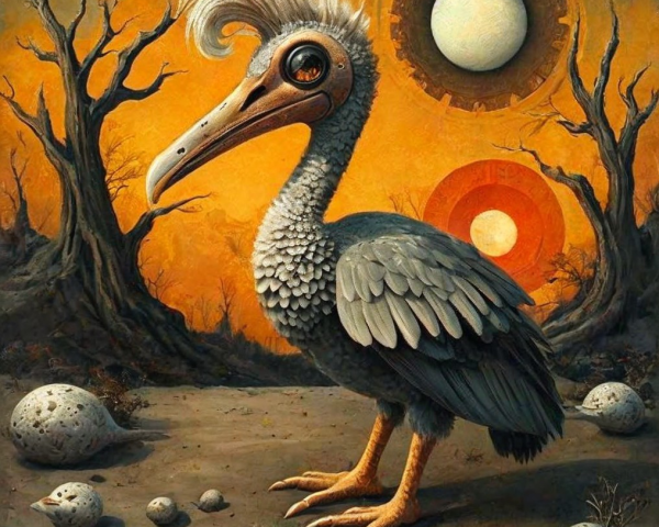Surreal Avian Creature in Barren Landscape with Orbs