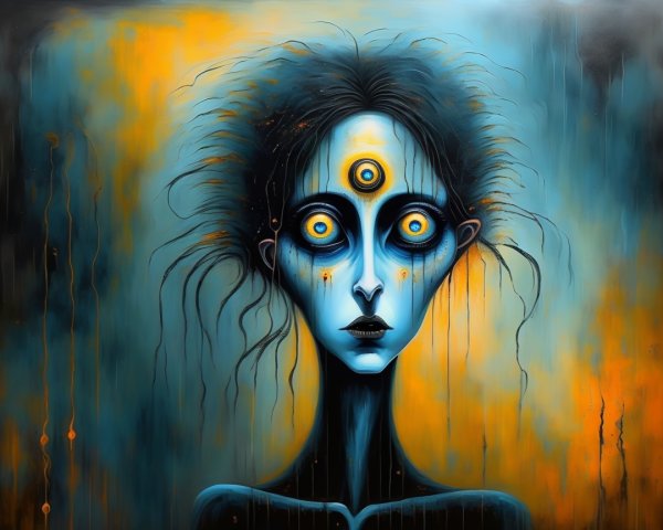 Haunting Figure with Blue Skin and Yellow Eyes