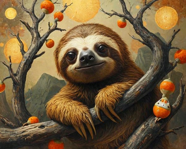 Cheerful sloth on tree branch with vibrant surroundings