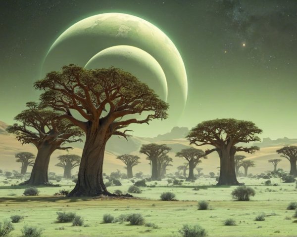 Surreal Landscape with Baobab Trees and Celestial Bodies