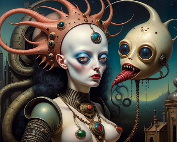 Surreal Figure with Tentacles and Gemstones in Fantasy Landscape