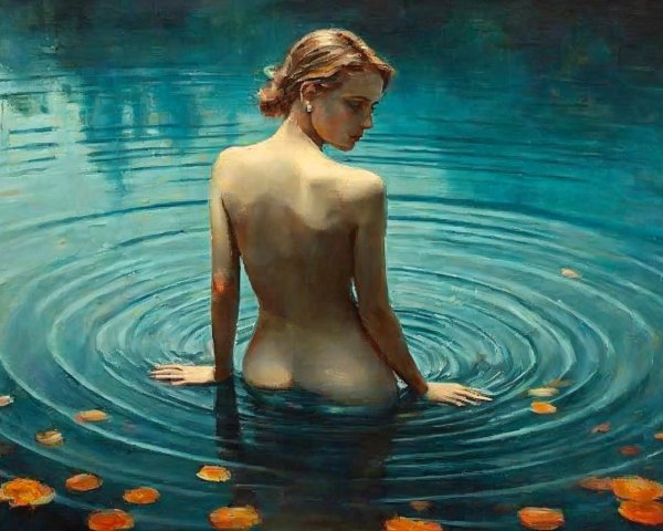 Woman in tranquil water with orange water lilies