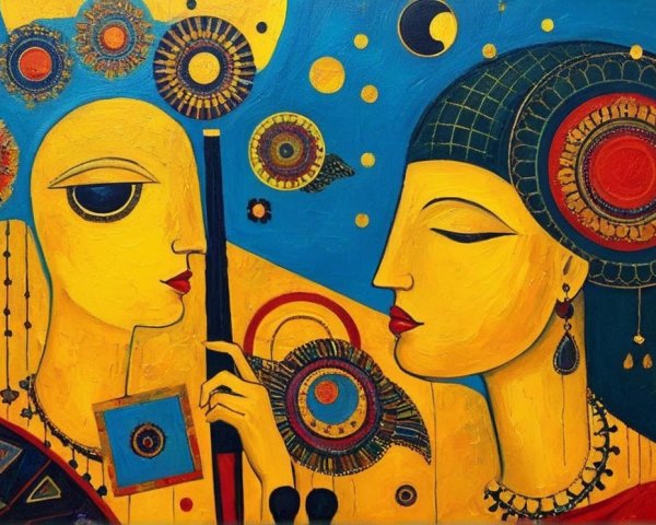 Stylized Figures with Vibrant Colors and Patterns