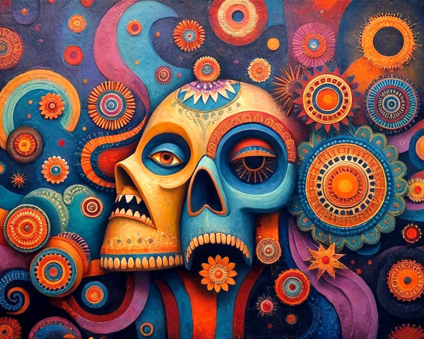 Surreal Artwork of Intertwined Skulls and Mandalas