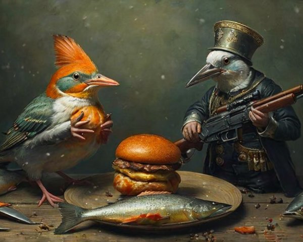 Whimsical Scene of Colorful Birds and Surreal Elements