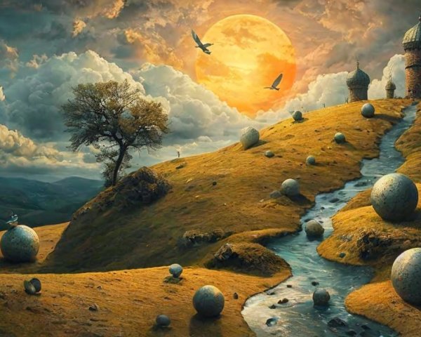 Surreal Landscape with Hills and Orange Sun