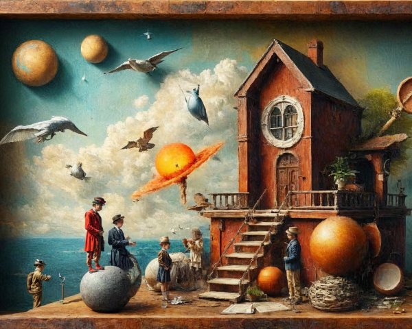 Surreal Artwork of a Red House on a Cliff with Celestials