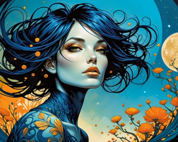 Illustration of a Young Woman with Blue Hair and Moon