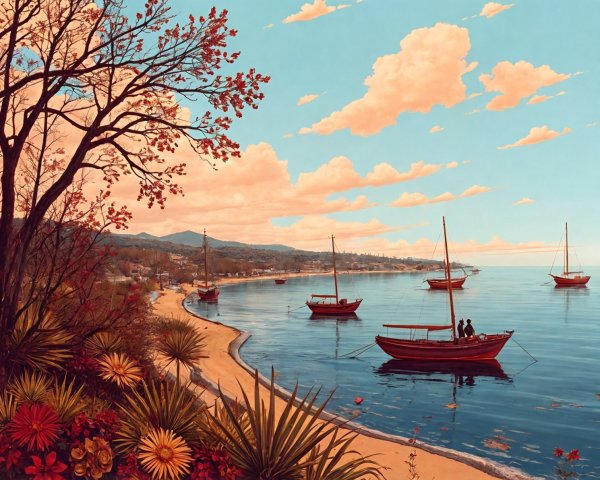 Tranquil Coastal Scene with Autumn Beach and Boats