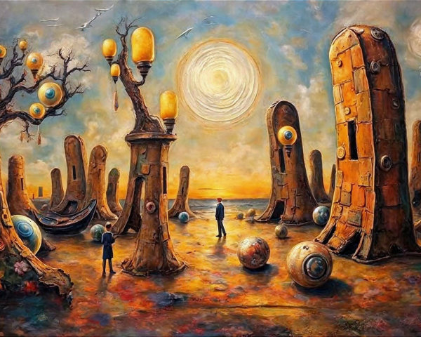 Surreal Landscape with Obelisks and Dreamlike Elements