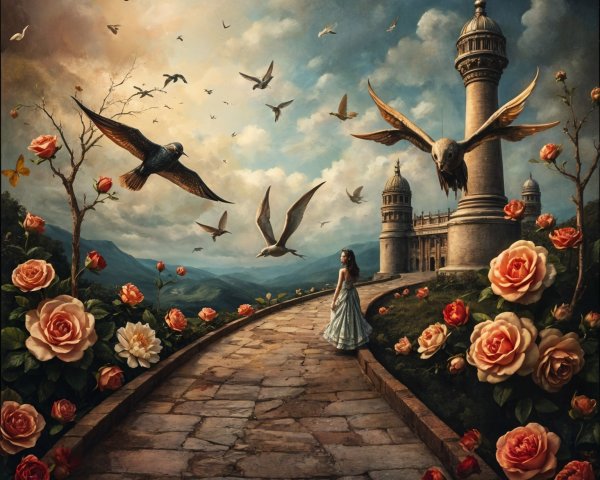 Young girl in blue dress on rose-lined stone path