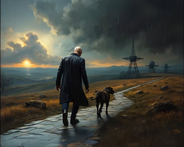 Lone Figure and Dog on Winding Stone Path at Sunset