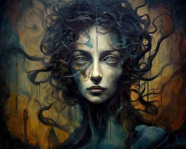 Portrait of a Woman with Dark Hair and Surreal Background