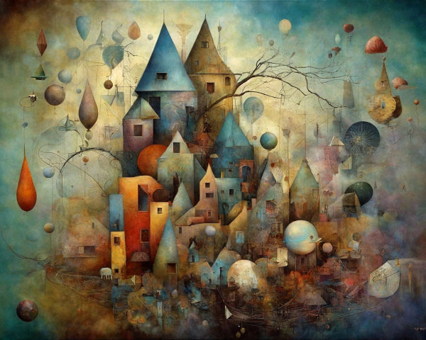 Surreal Landscape with Colorful Houses and Balloons