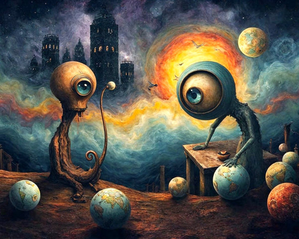Surreal Landscape with Fantastical Creatures and Towers