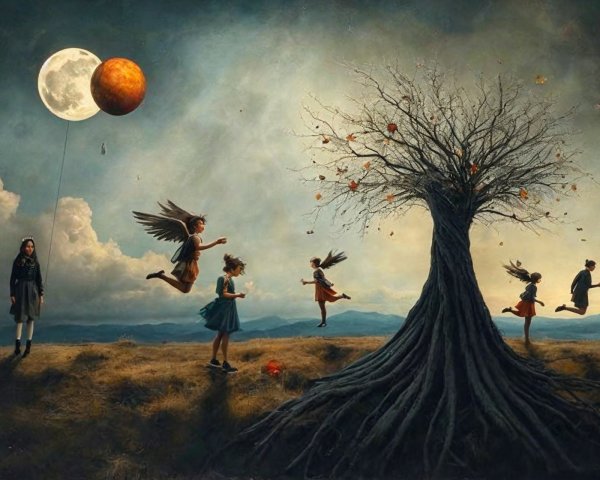 Surreal Landscape with Winged Children and Planet Balloons