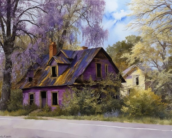Dilapidated Purple House Surrounded by Nature