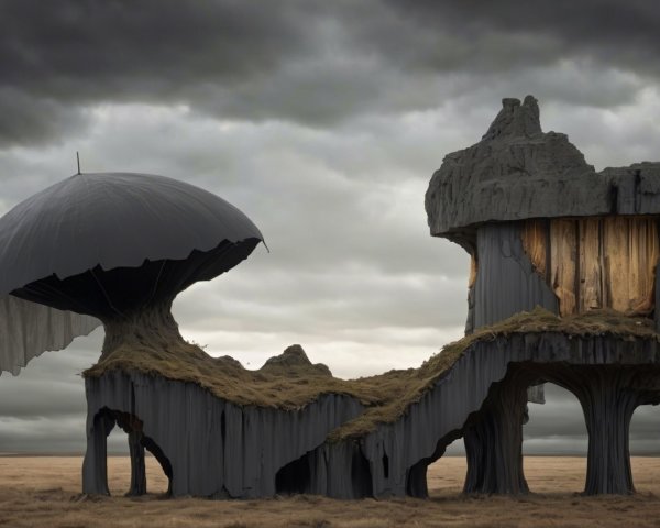 Surreal Landscape with Umbrella Structure and Dramatic Sky