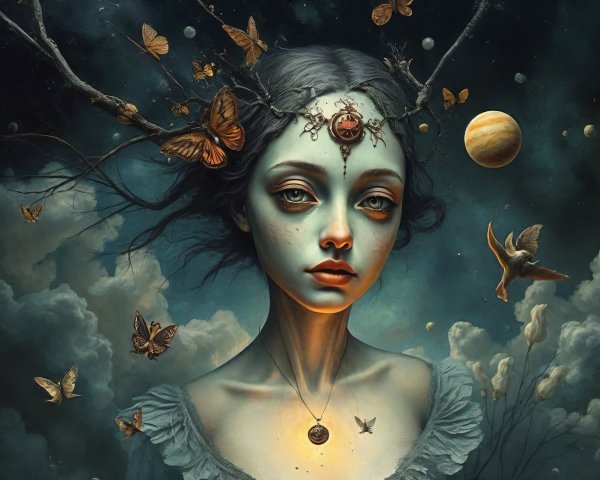Surreal Portrait of a Young Woman with Celestial Themes