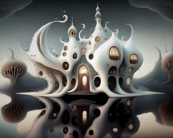 Surreal Mansion with Organic Shapes Over Water
