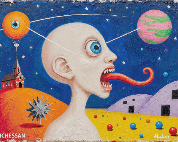 Surrealist Painting Featuring Alien Figure and Planet