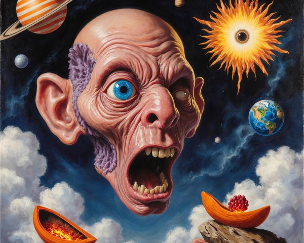 Surreal Oil Painting of Distorted Bald Head and Cosmos
