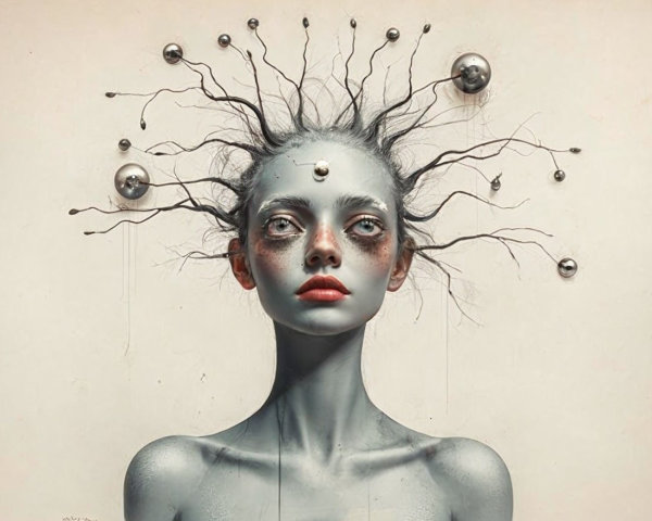 Surreal Portrait of a Young Woman with Blue Skin