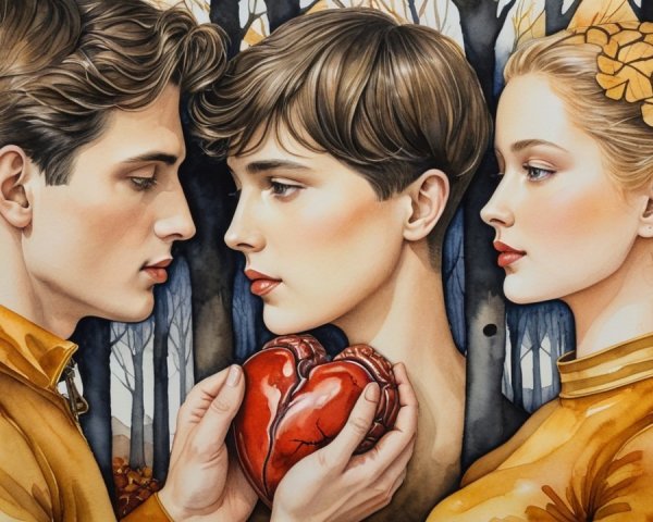 Three Figures in Autumn Tones with Heart Symbol