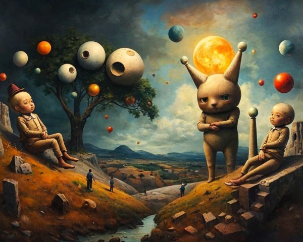 Surreal Landscape with Children and Whimsical Creature