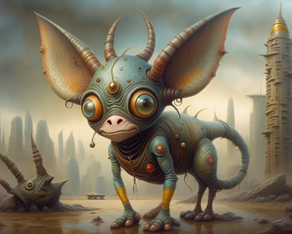 Whimsical Creature in Futuristic Fantasy Landscape