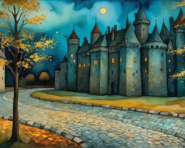 Twilight Scene of a Majestic Castle with Moonlight