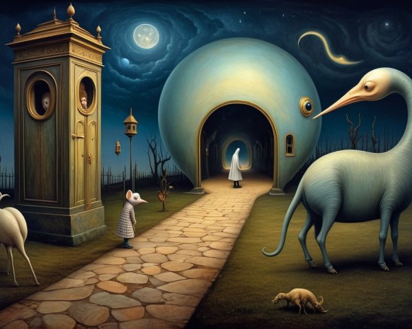 Surreal Landscape with Dome, Clock Tower, and Creatures