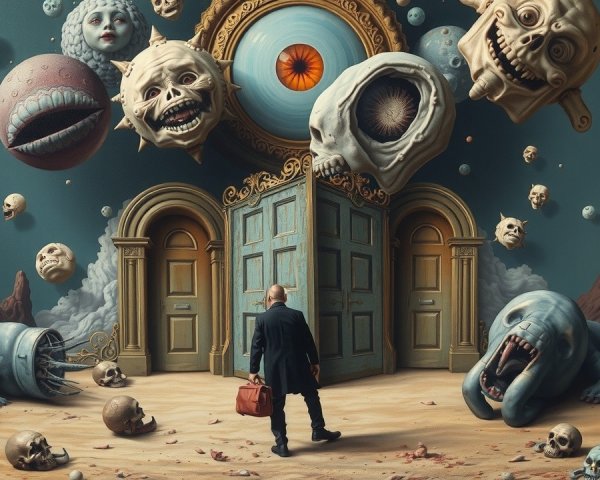 Surreal Scene with Figure and Floating Entities