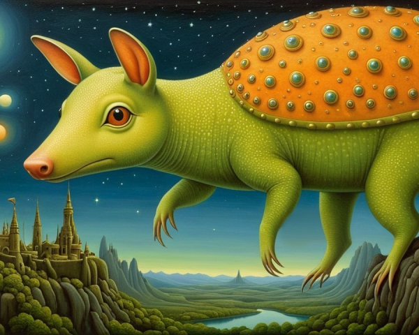 Vibrant Armadillo-like Creature in Dreamlike Landscape