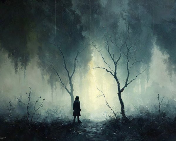 Solitary Figure in a Misty Forest with Twisted Trees