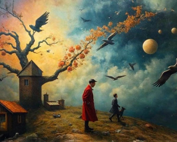 Whimsical Landscape with Man, Boy, and Surreal Elements