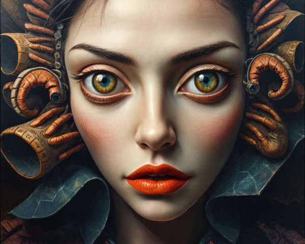 Portrait of a Woman with Green Eyes and Orange Lips