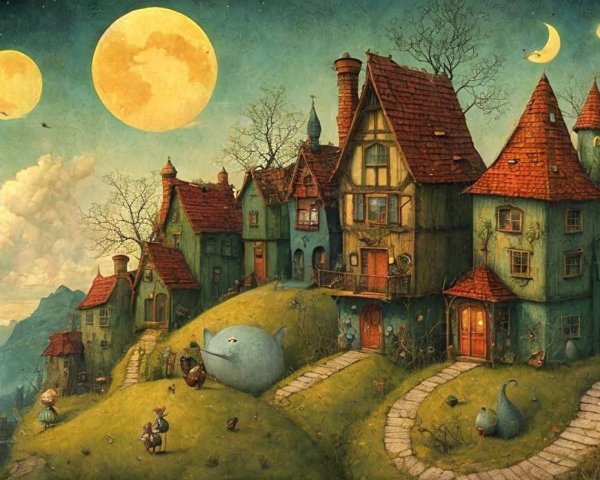 Whimsical Village with Colorful Houses and Twilight Sky