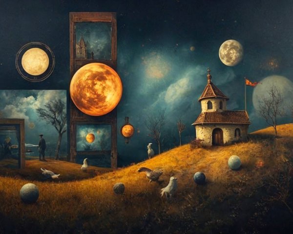 Surreal Landscape with Chapel and Celestial Bodies