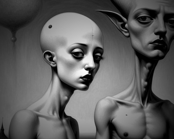 Surreal Figures with Elongated Necks in Dark Background
