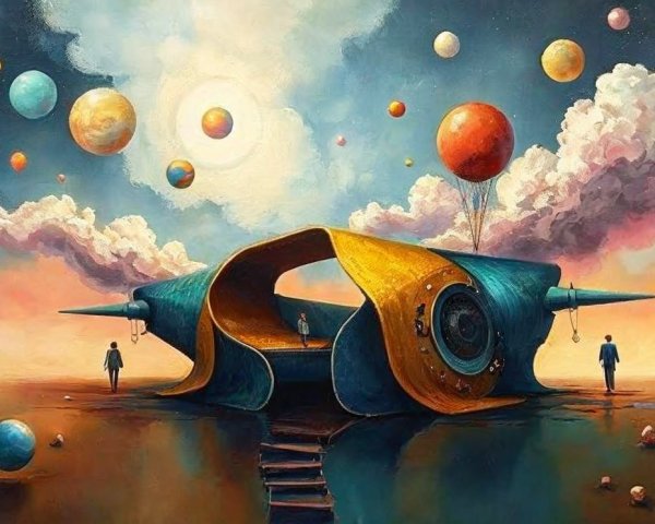 Surreal Landscape with Futuristic Structure and Planets