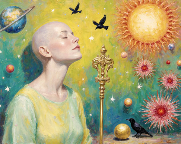 Bald Woman in Celestial Setting with Planets and Sun