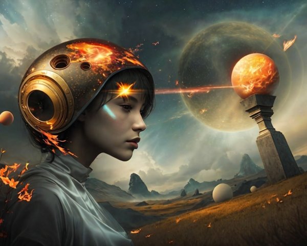 Futuristic Scene with Woman in Metallic Helmet and Sparks