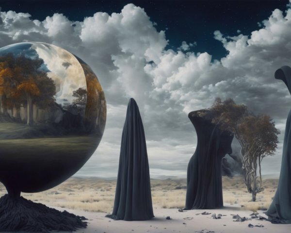 Surreal Landscape with Reflective Orb and Cloaked Figures