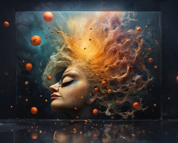 Ethereal figure with fiery hair in a surreal backdrop