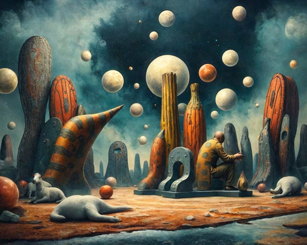 Surreal Landscape with Oversized Rocks and Spheres