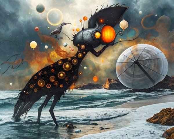 Surreal Landscape with Cosmic Creature and Beach Setting