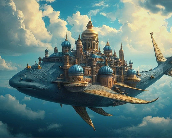 Majestic whale in sky with a grand city on its back